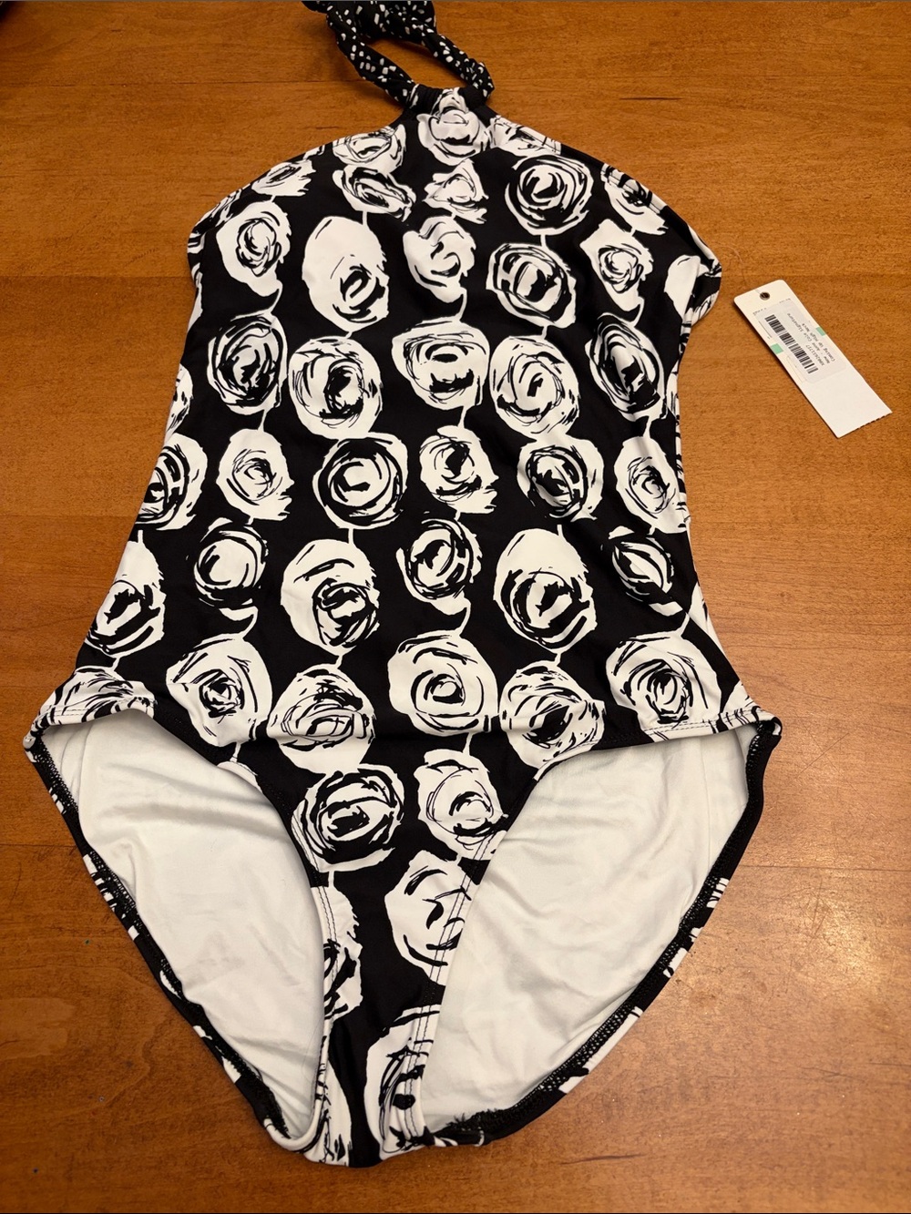 Women’s Black & White Rose Halter One-Piece Swimsuit